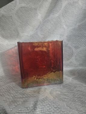 Vintage Red Iridescent Art Glass Vase or Candle Holder